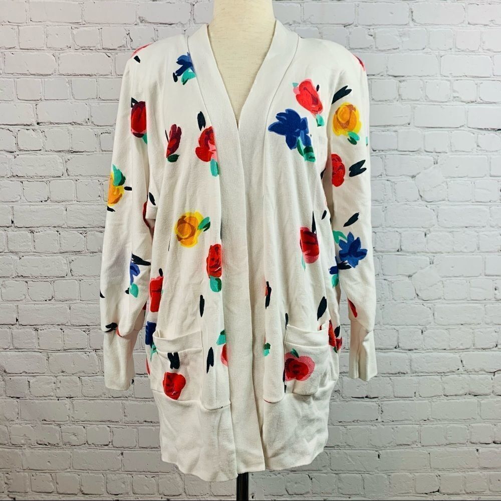 VTG 80s Peter Popovich Floral Print Varsity Cotton Blend Cardigan Sweater